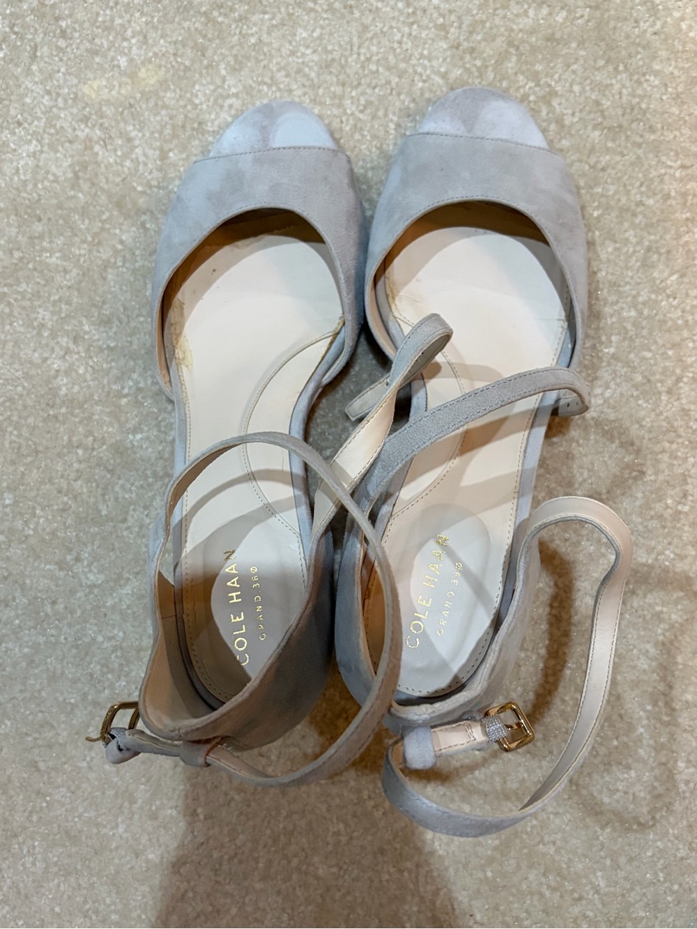 Cole Haan Light Gray Suede Ankle-Strap Sandals